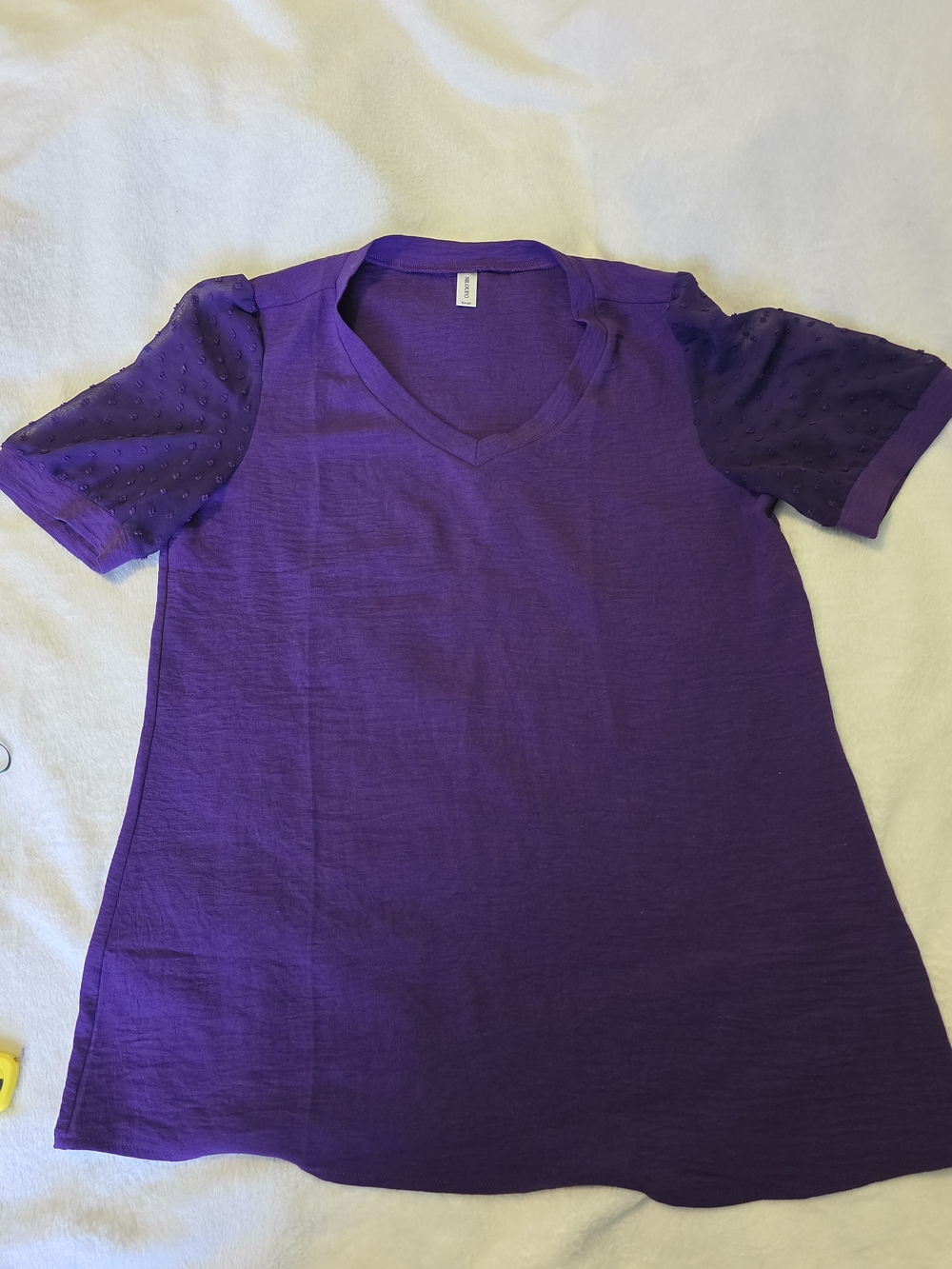Purple Swiss Dot Short Sleeve V-Neck Top (Size Small)